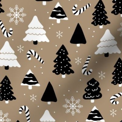 Boho christmas trees candy and snow flakes in white black on latte brown beige