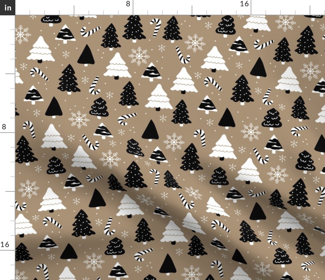 Boho christmas trees candy and snow flakes in white black on latte brown beige