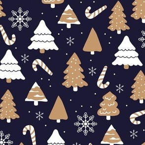 Boho christmas trees candy and snow flakes in white beige cinnamon gold on navy blue