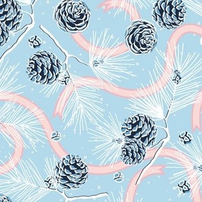 Spruce cones and festive ribbons on light blue background