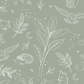 Woodland animals autumn garden deer foxes bunnies hedgehogs and owls freehand outline white on sage green