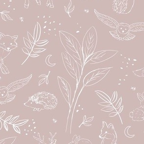 Woodland animals autumn garden deer foxes bunnies hedgehogs and owls freehand outline white on mauve blush moody rose