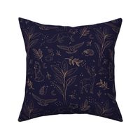 Woodland animals autumn garden deer foxes bunnies hedgehogs and owls freehand outline ochre golden on deep navy blue night