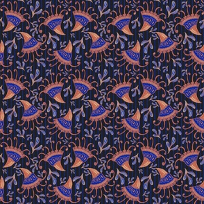 Art Deco stylised flowers on midnight background with blue stripes 