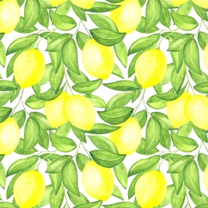 Watercolor yellow lemons on white, vintage farmhouse, cottagecore