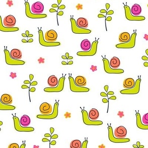 Whimsical Chartreuse Snails with Pink and Orange Shells, Green Leaves on White Ground Gender Neutral