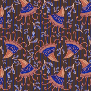 Umber and blues Art Deco stylised flowers and leaves on stripes 12” repeat
