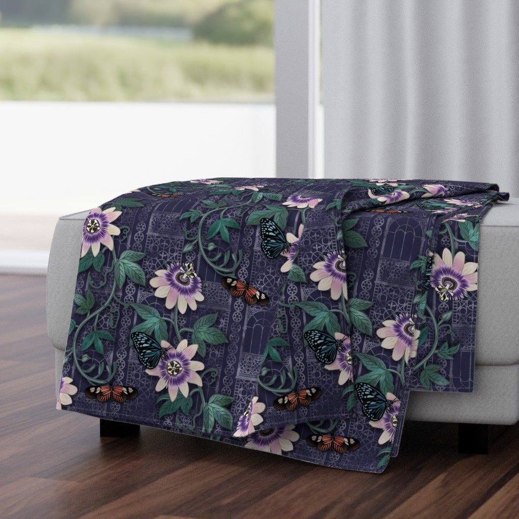 Passionflowers and Butterflies in the Victorian Greenhouse - large floral - navy -  large 