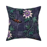 Passionflowers and Butterflies in the Victorian Greenhouse - large floral - navy -  large 