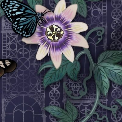 Passionflowers and Butterflies in the Victorian Greenhouse - large floral - navy -  large 