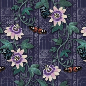 Passionflowers and Butterflies in the Victorian Greenhouse - large floral - navy -  large 