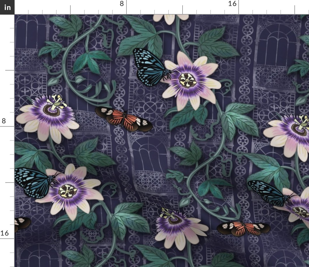 Passionflowers and Butterflies in the Victorian Greenhouse - large floral - navy -  large 