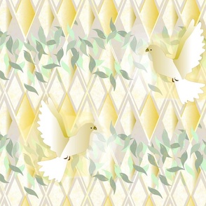 Golden Victorian Greenhouse Dove Wedding -- Yellow and White -- 21.67in x 18.03in repeat -- 470dpi (32% of Full Scale)