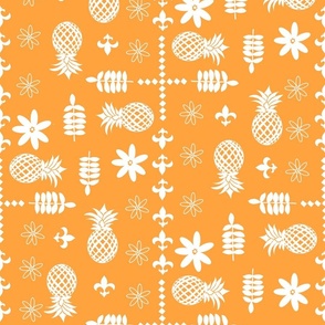 Block Print Stamped White Pineapples and Fleur de Lis on Orange