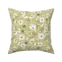 10" Spreading flowers Daisy Watercolor Floral / Daisies apple green Fabric Fabric on simple Grid Gingham