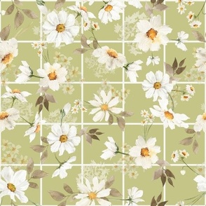 10" Spreading flowers Daisy Watercolor Floral / Daisies apple green Fabric Fabric on simple Grid Gingham