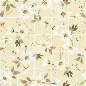 10" Spreading flowers Daisy Watercolor Floral / Daisies soft yellow Fabric Fabric on simple Grid Gingham