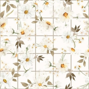 10" Spreading flowers Daisy Watercolor Floral / Daisies of white Fabric Fabric on simple Grid Gingham