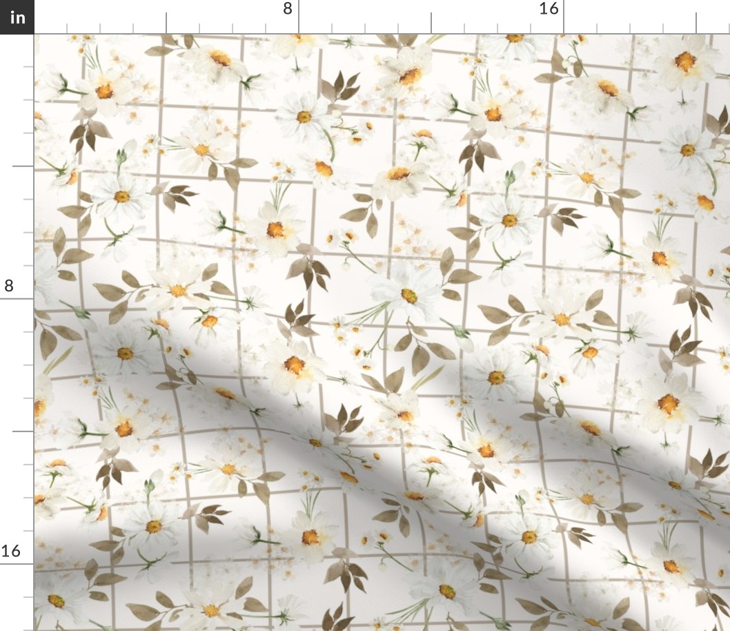 10" Spreading flowers Daisy Watercolor Floral / Daisies of white Fabric Fabric on simple Grid Gingham