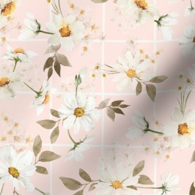 10" Spreading flowers Daisy Watercolor Floral / Daisies blush pink Fabric Fabric on simple Grid Gingham