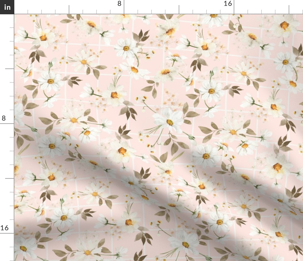 10" Spreading flowers Daisy Watercolor Floral / Daisies blush pink Fabric Fabric on simple Grid Gingham