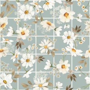 10" Spreading flowers Daisy Watercolor Floral / Daisies dove grey Fabric Fabric on simple Grid Gingham