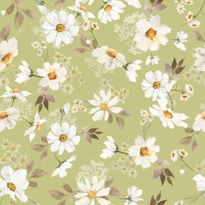 10" Spreading flowers Daisy Watercolor Floral / Daisies Apple Green Fabric