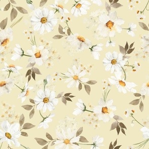 10" Spreading flowers Daisy Watercolor Floral / Daisies soft yellow Fabric