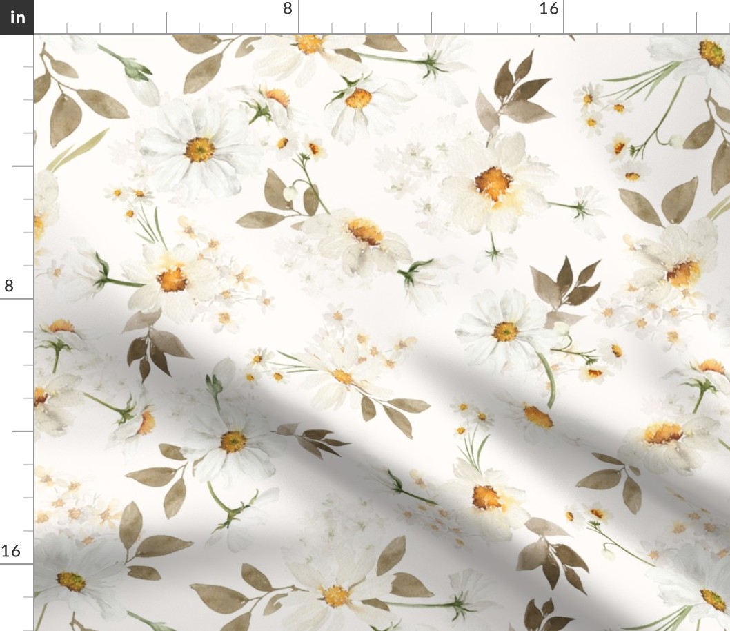 10" Spreading flowers Daisy Watercolor Floral / Daisies off white Fabric Wedding