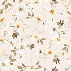 10" Spreading flowers Daisy Watercolor Floral / Daisies blush pink Fabric