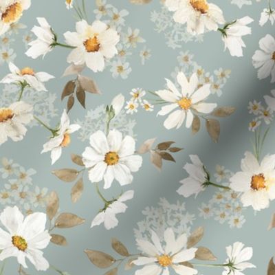 10" Spreading flowers Daisy Watercolor Floral / Daisies dove grey Fabric