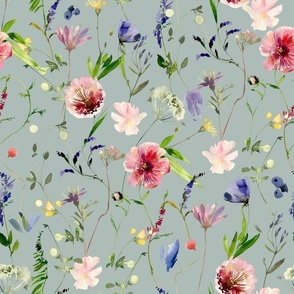 12" Midsummer Watercolor Wildflowers Meadow - Nursery Wildflowers- dove gray