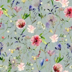 12" Midsummer Watercolor Wildflowers Meadow - Nursery Wildflowers- double layer dove gray