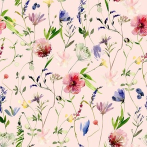12" Midsummer Watercolor Wildflowers Meadow - Nursery Wildflowers-  blush pink