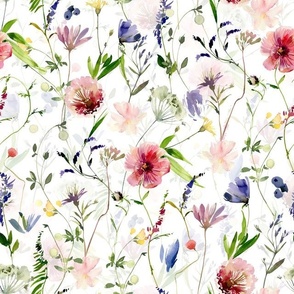 12" Midsummer Watercolor Wildflowers Meadow - Nursery Wildflowers- double layer white