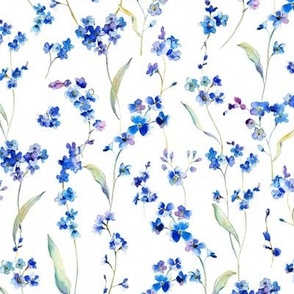 Nostalgic Springflowers Vintage Garden: forget me not,  Antique Blue Flowers Fabric, myosotis home decor,  white background