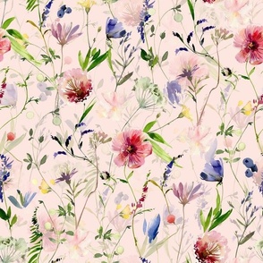 12" Midsummer Watercolor Wildflowers Meadow - Nursery Wildflowers- double layer blush pink