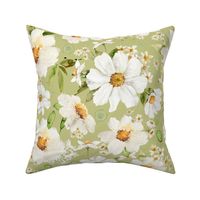 16" Daisy Watercolor Floral / Daisies Apple Green Fabric
