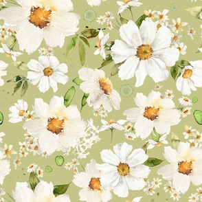 16" Daisy Watercolor Floral / Daisies Apple Green Fabric