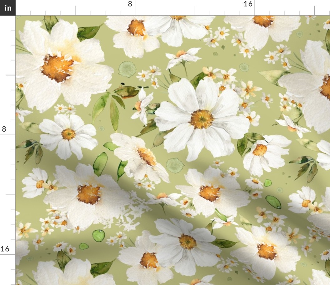 16" Daisy Watercolor Floral / Daisies Apple Green Fabric