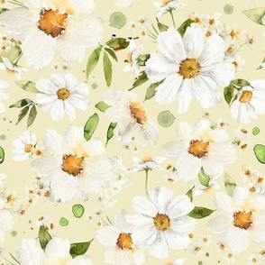 16"  Daisy Watercolor Floral / Daisies Soft Yellow Fabric