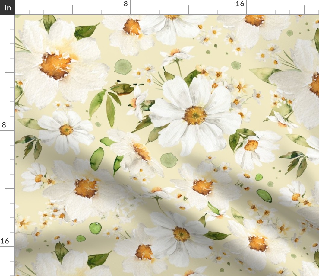 16"  Daisy Watercolor Floral / Daisies Soft Yellow Fabric