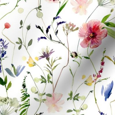 12" Midsummer Watercolor Wildflowers Meadow - Nursery Wildflowers- white