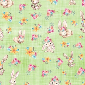 bunny floral green linen