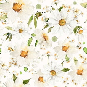 16"  Daisy Watercolor Floral / Daisies Off White Fabric Wedding