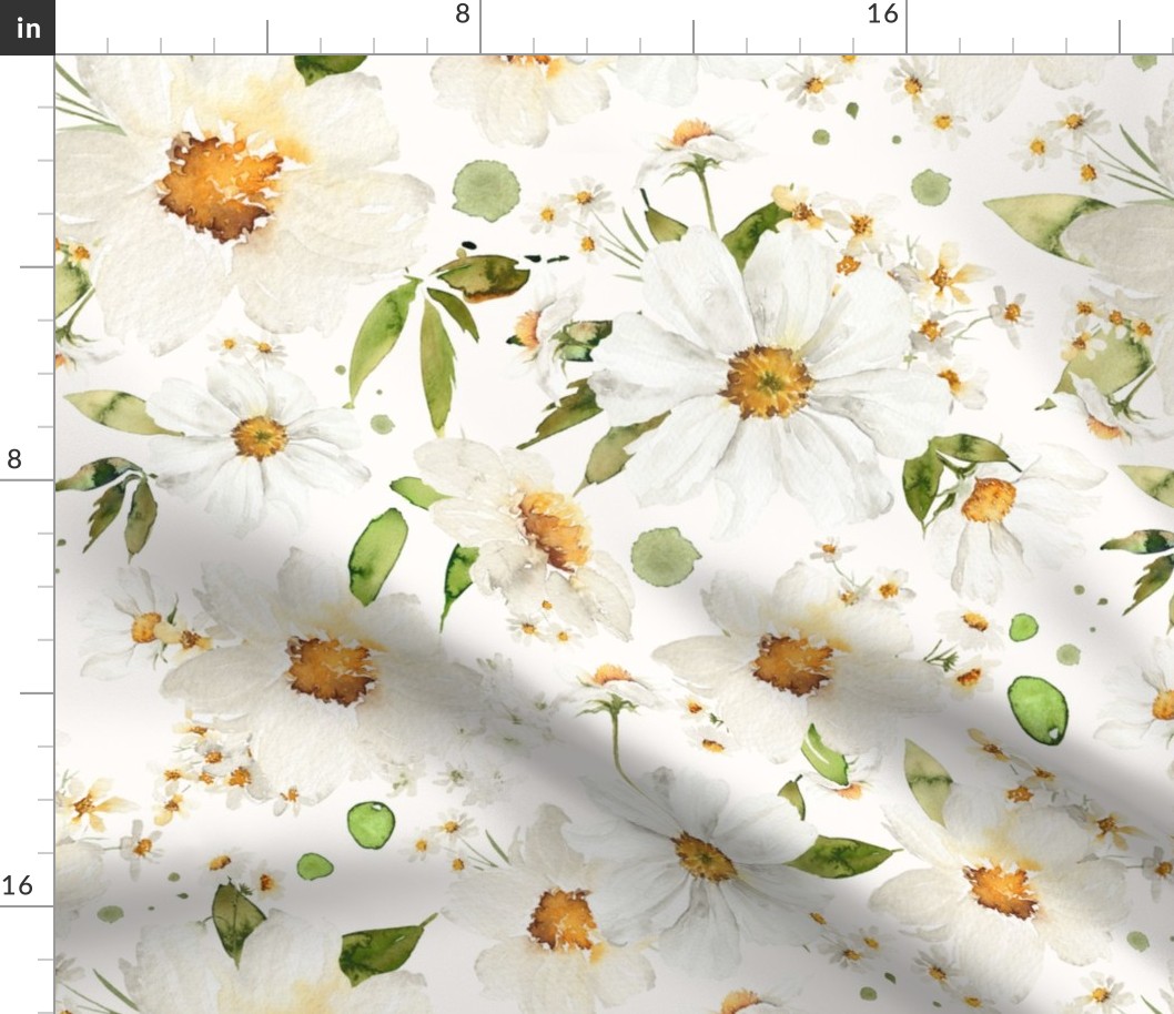 16"  Daisy Watercolor Floral / Daisies Off White Fabric Wedding