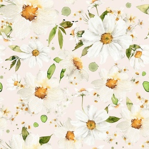 16"  Daisy Watercolor Floral / Daisies Blush Fabric