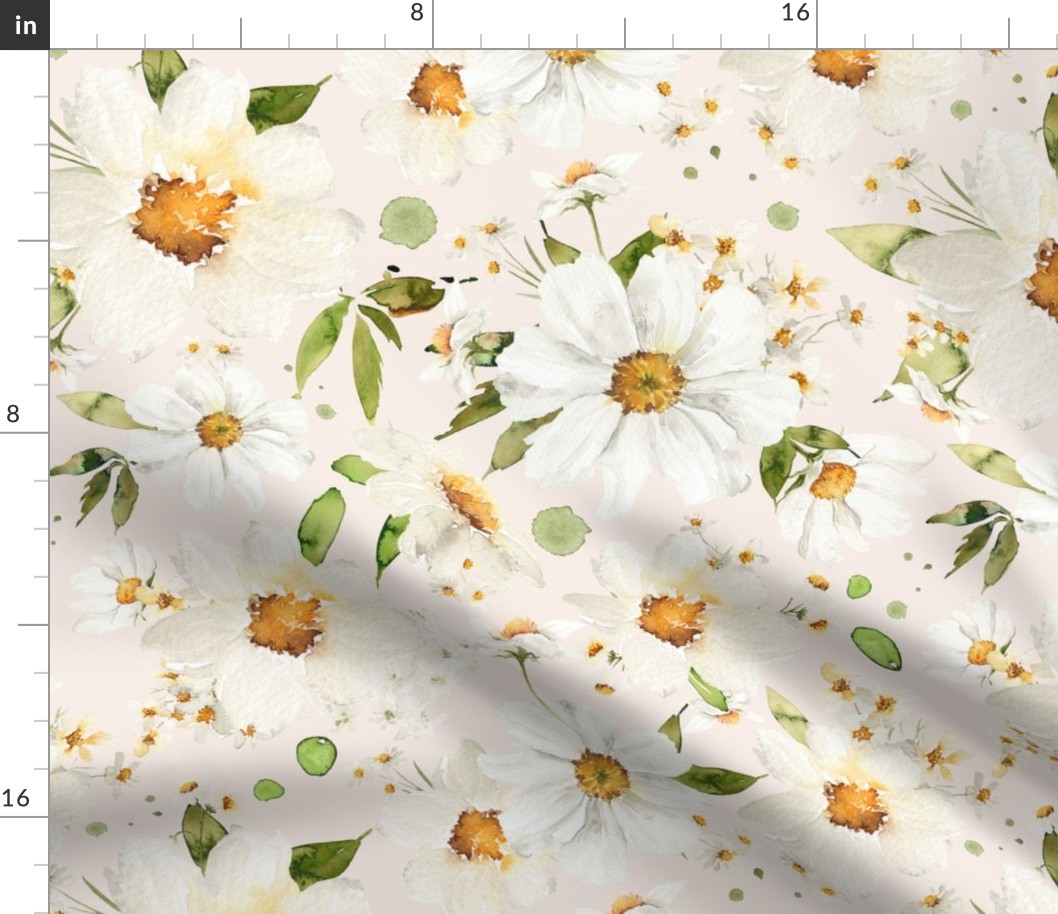 16"  Daisy Watercolor Floral / Daisies Blush Fabric