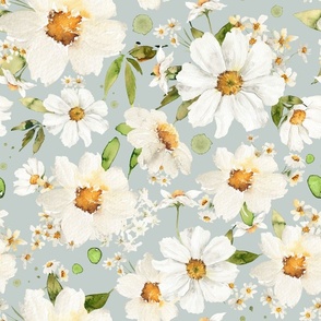 16"  Daisy Watercolor Floral / Daisies Grey Fabric