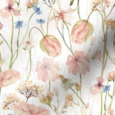 12" Hand painted pink and blue watercolor spring flowers fabric- wildflowers meadow  - white double layer